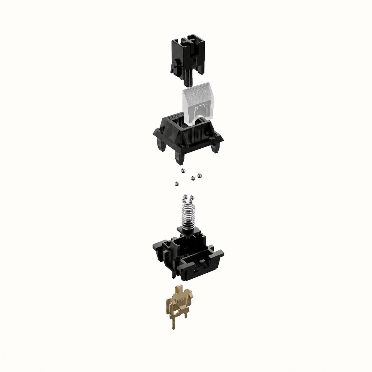 Exploded Roller mechanical keyboard switch showing the upper housing, stem, lower housing, spring, bearings and metal contact leaf
